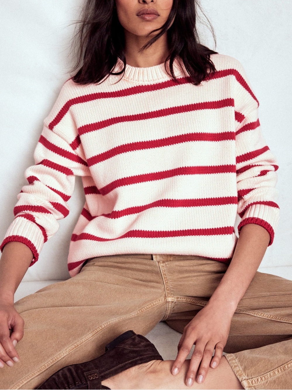 Boden Lucy Oversized Cotton Jumper Sweater ivory and red stripe oversized sz XS